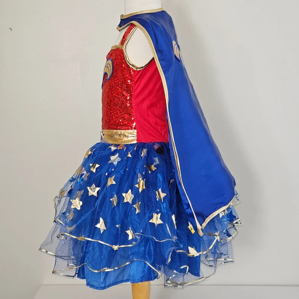 Rubies Wonder Woman Costume Kids Medium 7/8 Red Blue Good Sequins Tutu Cape